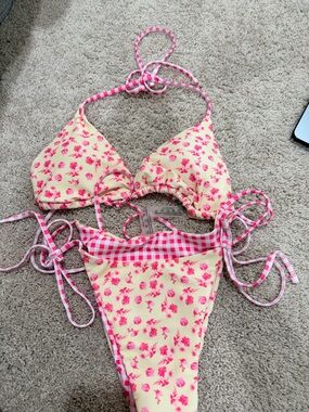 Yellow & Pink Floral Tie-Side Bikini Set